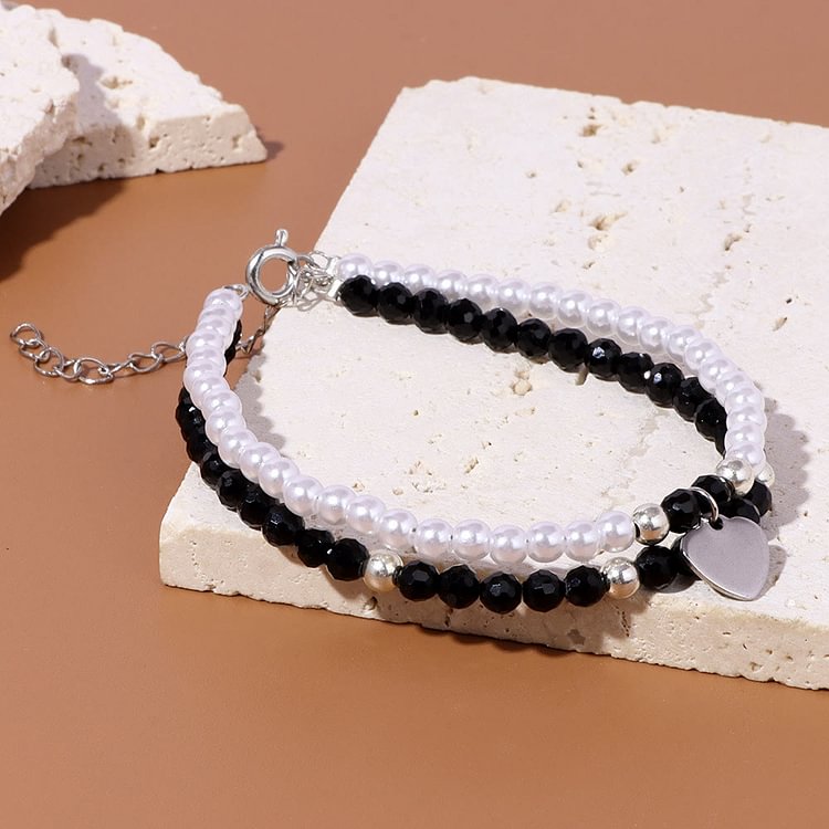 Faceted Stone Pearl Heart Charm Double Layer Bracelet