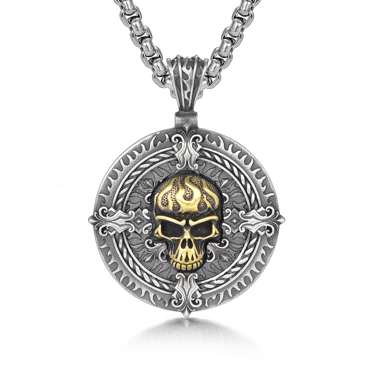 Round Golden Skull Pattern Sterling Silver Pendants Necklace