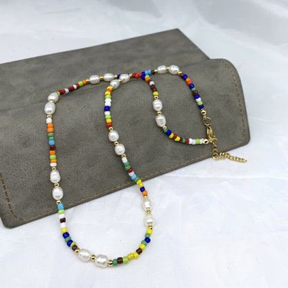 Stained Glass Bead Pearl Necklace