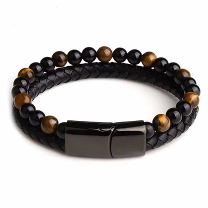 Natural Tiger Eye Leather Rope Double Layer Bracelet