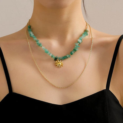 Natural Amazonite Sun Pendant Double Layer Necklace