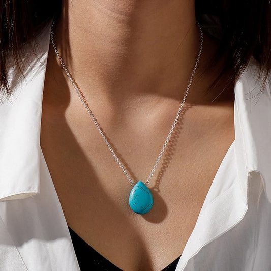 Turquoise Drop Shape Pendant Simple Collarbone Necklace