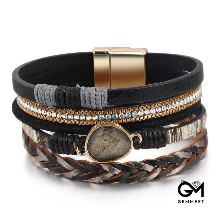 Golden Rutilated Quartz Woven Multi-layered Leather Bracelet