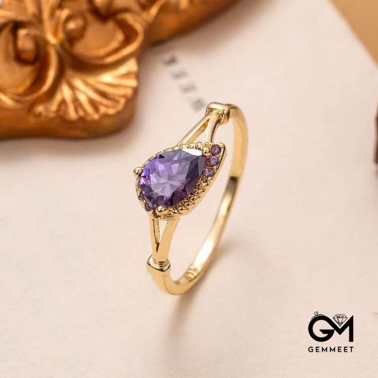 Amethyst White Zircon Water Drop Open Adjustable Ring