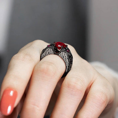 Black Gold Heart Shape Red Stones Love Couple Rings