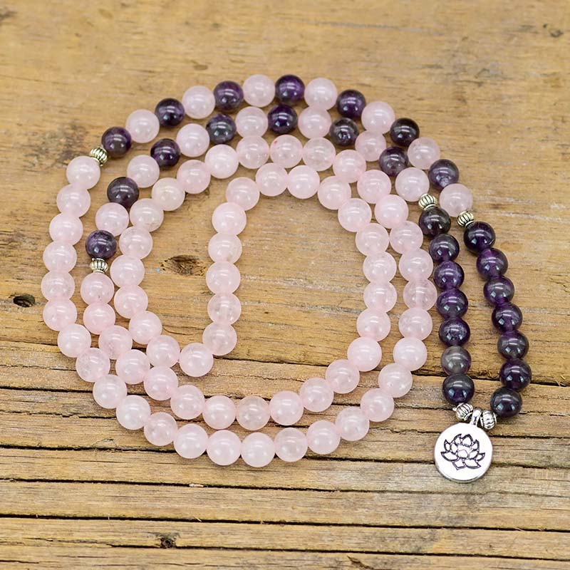 Amethyst Rose Quartz Lotus Symbol Bracelet Necklace