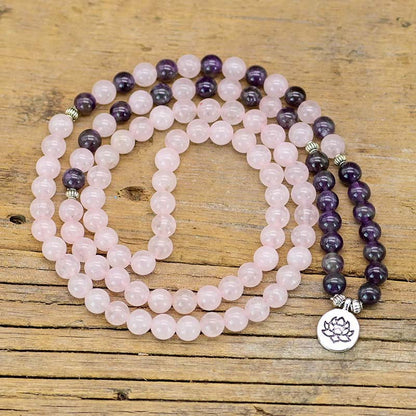 Amethyst Rose Quartz Lotus Symbol Bracelet Necklace