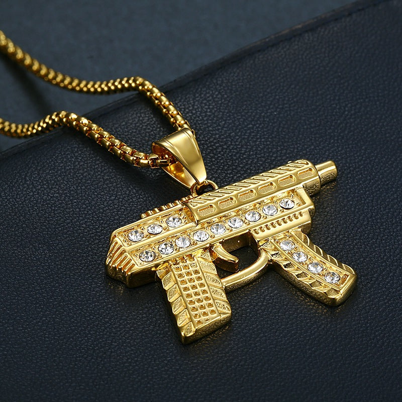 Hip Hop Jewelry Gold Plated Zircon Submachine Gun Pendant