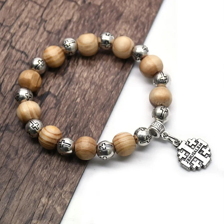 Handmade Jerusalem Cross Wooden Beads Bracelet