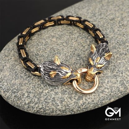 Stainless Steel Viking Wolf Head Emperor Chain Bracelet