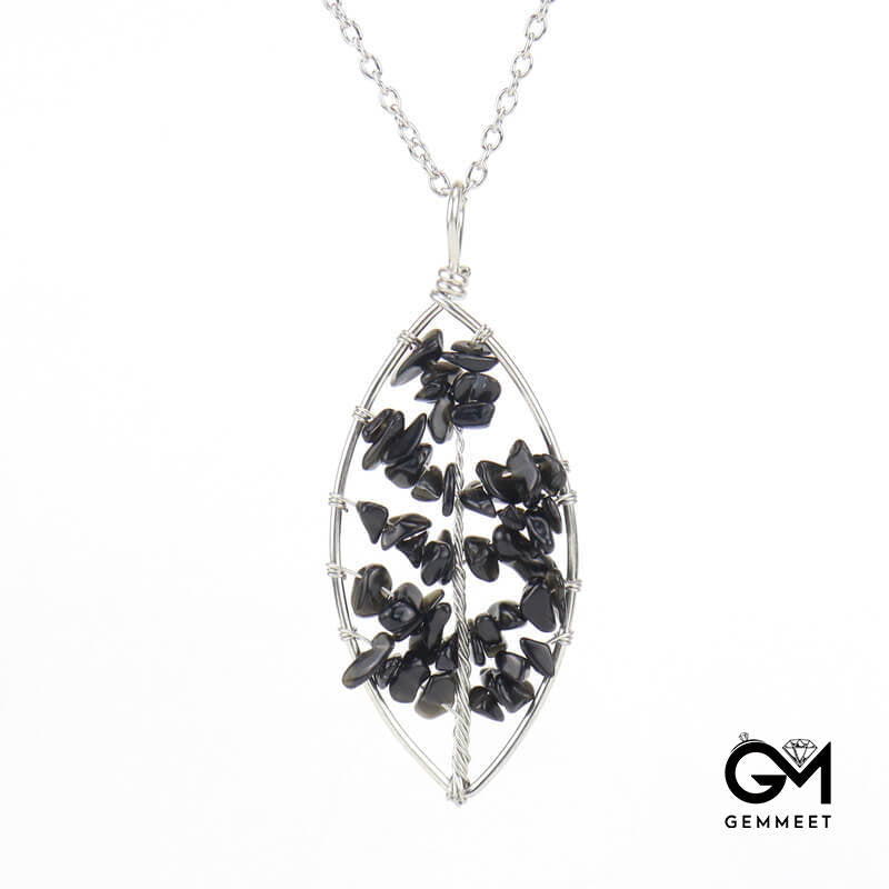 Wrapped Silver Tree of Life Crystal Leaf Necklace