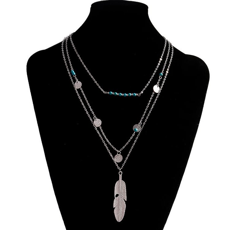 Turquoise Leaf Pendant Three Layer Necklace