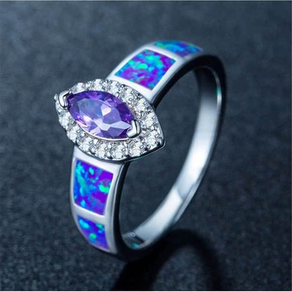 ”Gemstone of Sea" - Vintage Blue Opal With Oval Amethyst Ring