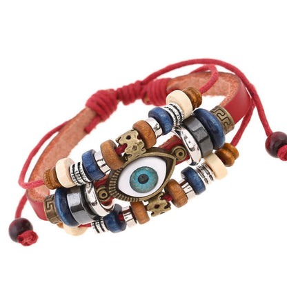 New Beaded Eyes Leather Bracelet Pull Adjustment Couple Leather Bracelet