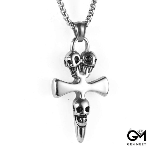 Vintage Three Skull Cross Alloy Pendant Necklace