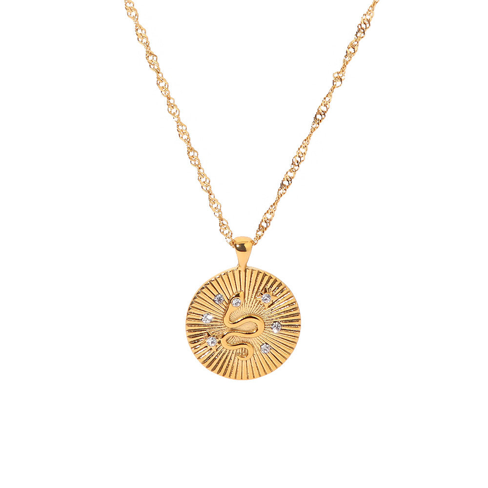 Golden Radial Texture Snake Totem Pendant Necklace