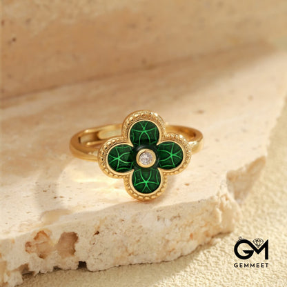 S925 Sterling Silver Green Four-leaf Clover Ring