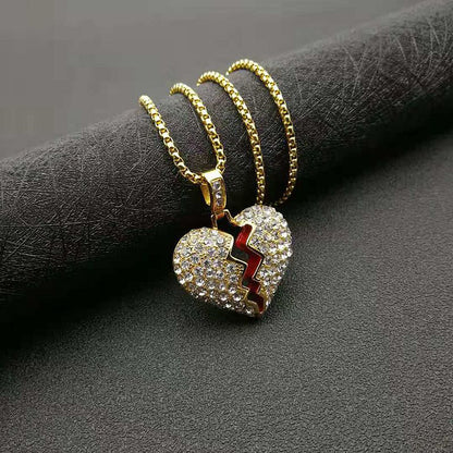 Hip Hop Gold Plated Zirconia Red Rubber Broken Heart Pendant