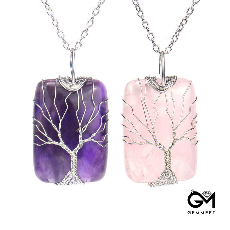 Hand Wound Crystal Cuboid Tree of Life Pendant Necklace