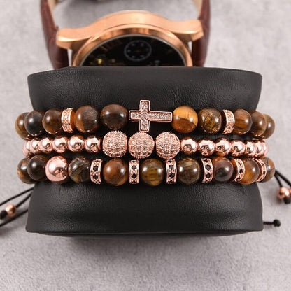 Tiger Eye Stone Beaded Men Cross Bracelet