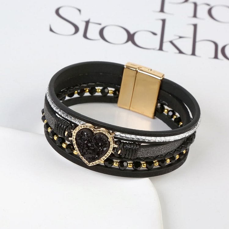 Heart Shape Cluster Multilayer Braided Leather Bracelet