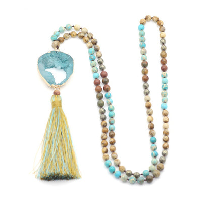 Multicolored Stone Bead Crystal Bud Fringe Necklace