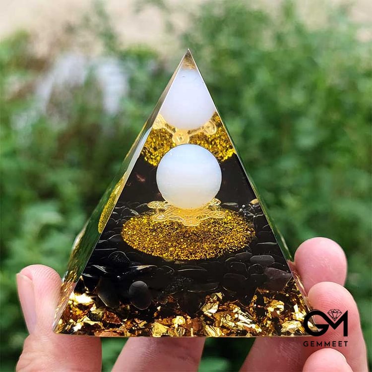 White Agate Sphere with Obsidian Orgone Pyramid