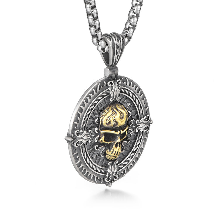 Round Golden Skull Pattern Sterling Silver Pendants Necklace