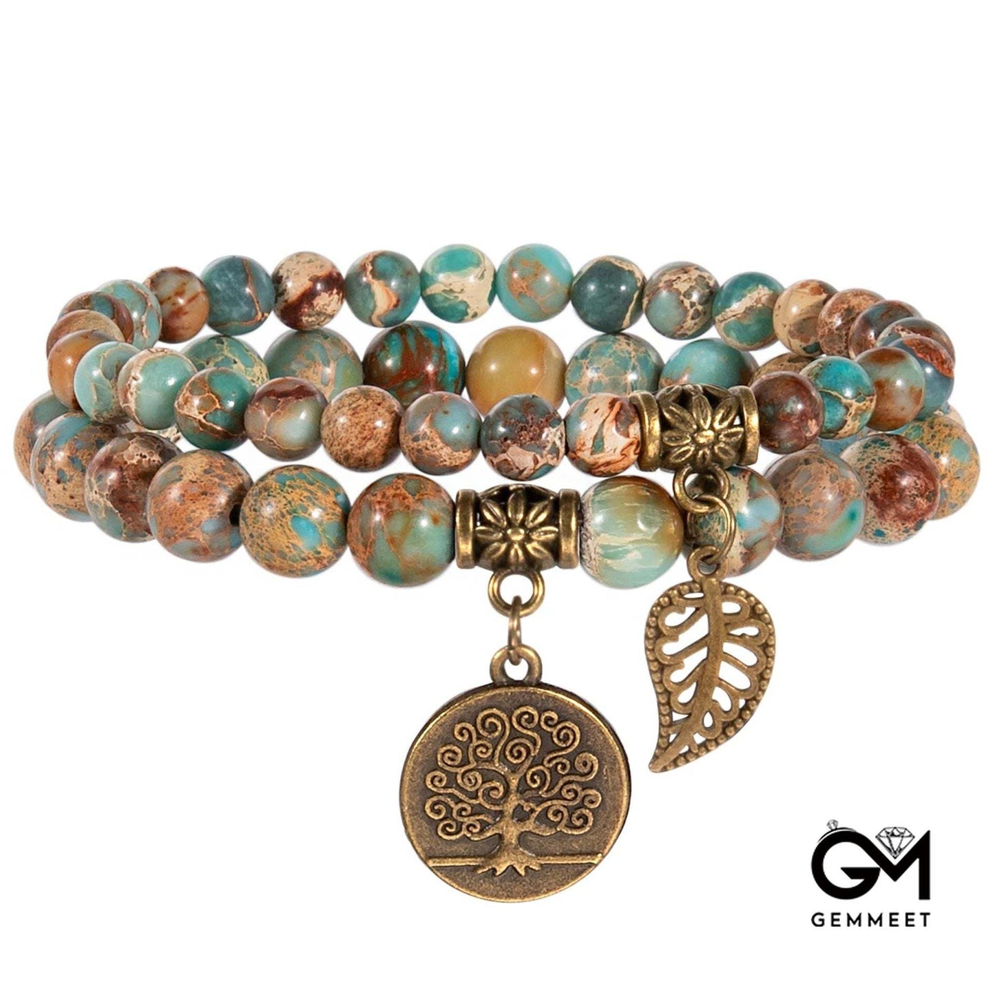 Life of Tree & Leaf Symbol Stone Bead Bracelet