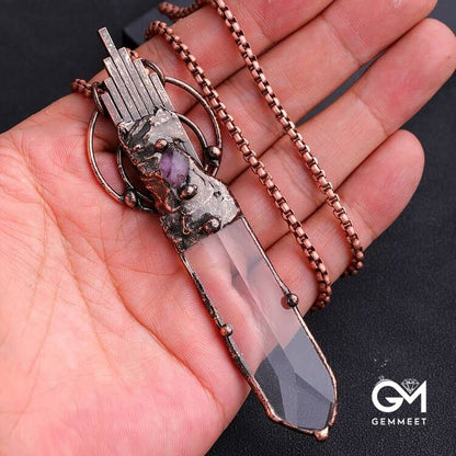 Clear Crystal Copper Vintage Sword Pendant Gemstone Necklace