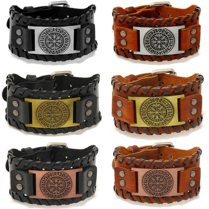 Nordic Viking Cowhide Bracelet Vintage Woven Compass Men's Leather Bracelet