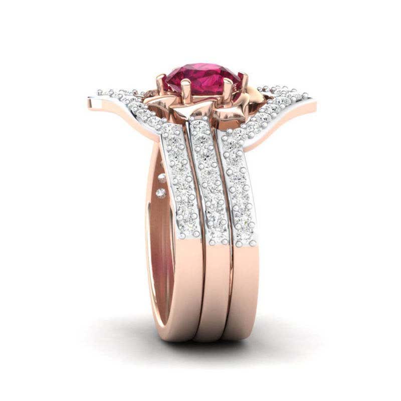 Women's 3Pcs Rose Gold Ruby Ring