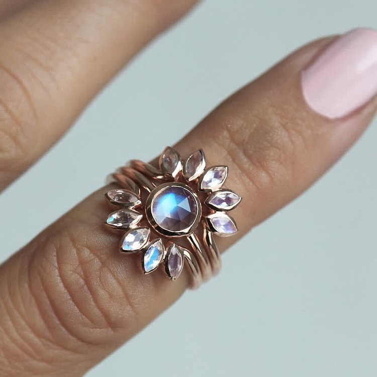 “Tide Goddess” - Sun Flower Moonstone 3 - Piece Ring