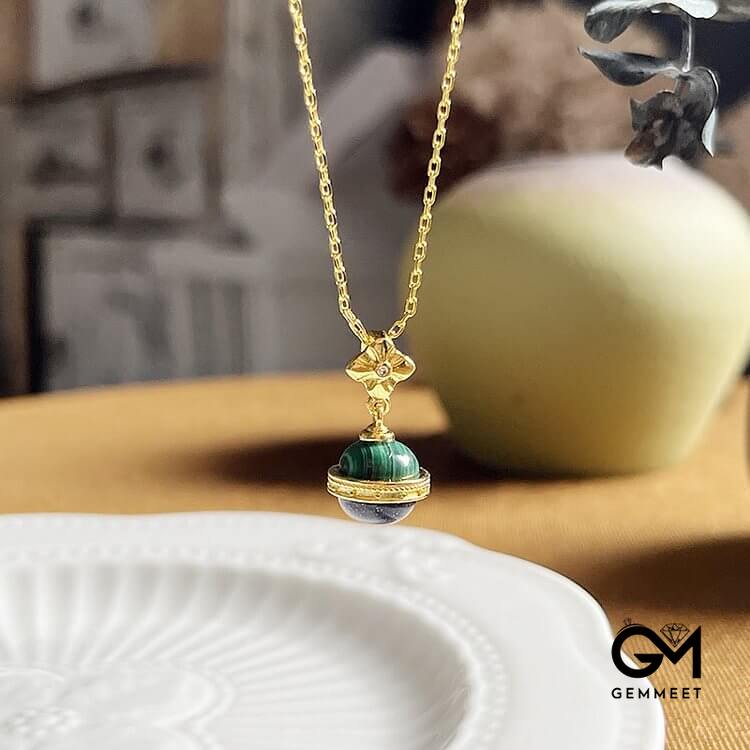 "Stellar Corona" Malachite Blue Sandstone Sphere Pendant Necklace