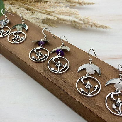 Natural Crystal Moon Mushroom Pendant Earrings