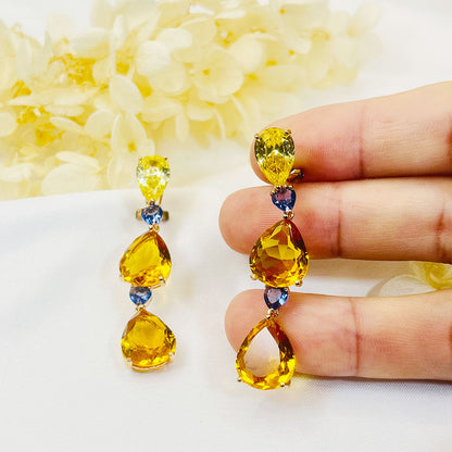 Water Drop Pear Yellow Zircon Pendant Earrings