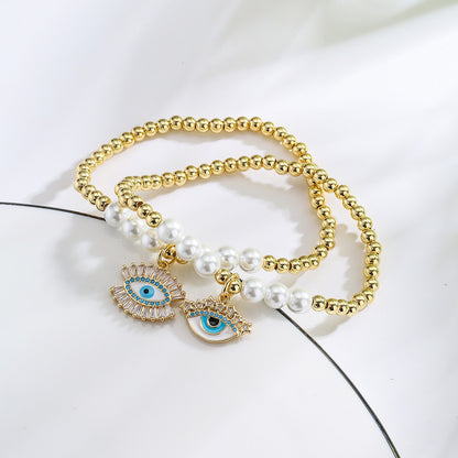 Halo Evil Eye Pendant Pearl Bead Bracelet