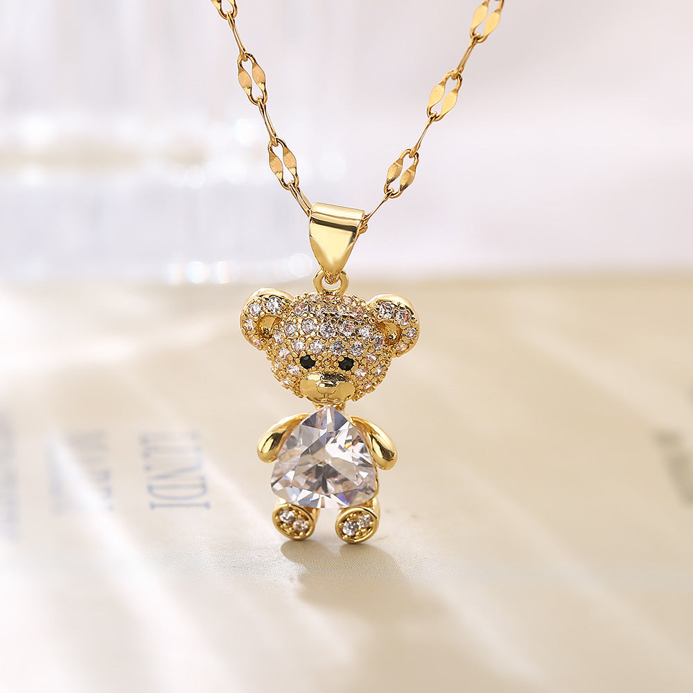 Cute Triangle Stones Bear Pendant Necklace