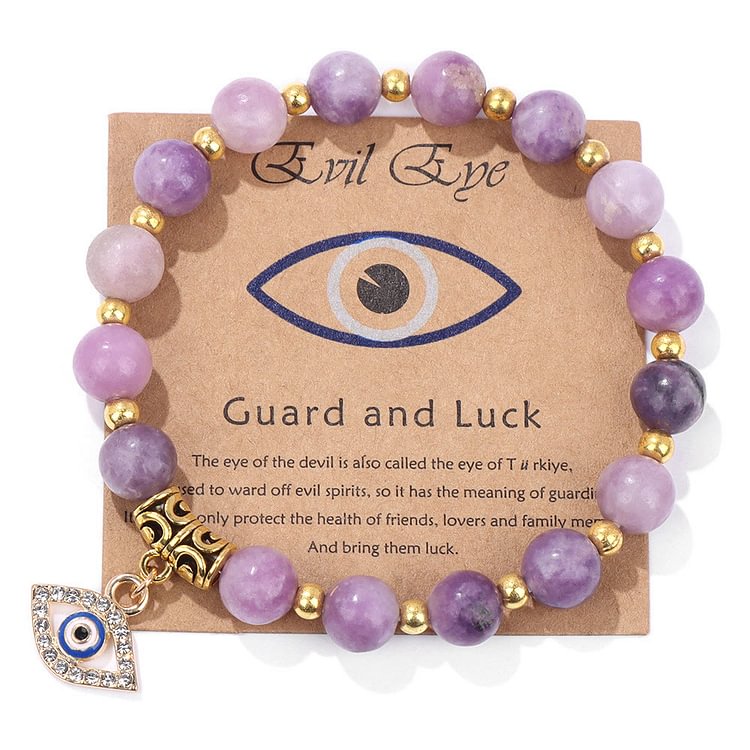 Purple Jade & Color Stone Bead Evil Eye Pendant Bracelet