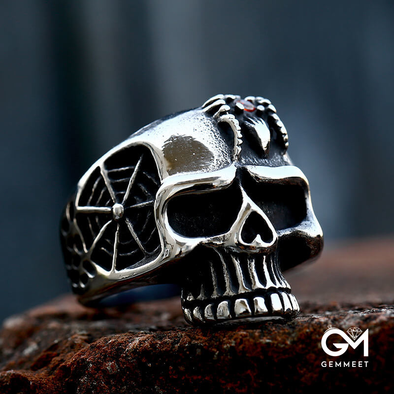 Stainless Steel Engraved Skull Red Zircon Ring