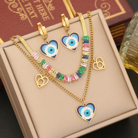 Heart Evil Eye Color Stones Bracelet Necklace & Earrings