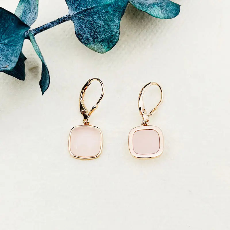 Square Pink Gem Rose Gold Dangle Earrings