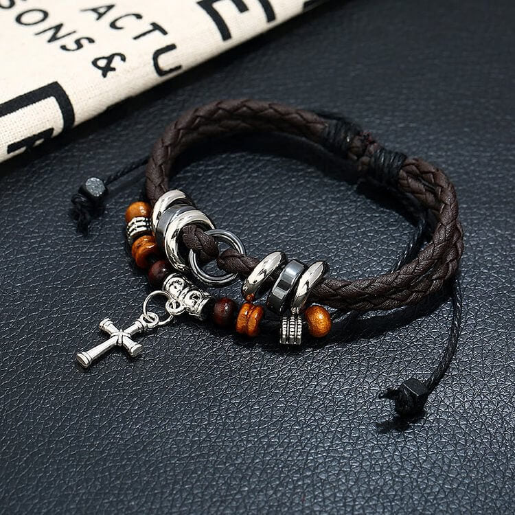 Braided Woven Leather Cross Tiger Eye Bracelet