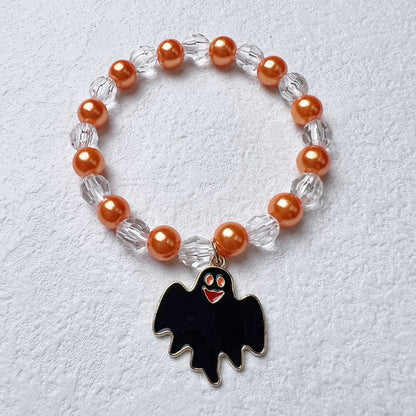 Halloween Pumpkin Bat Bracelet Acrylic Faux Pearl Orange Line Bracelet