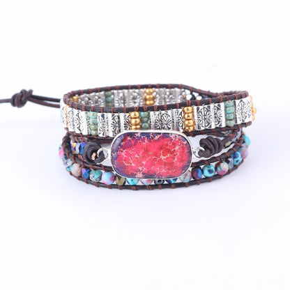 Double Color Royal Stone Multi-woven Leather Wrapped Bracelet