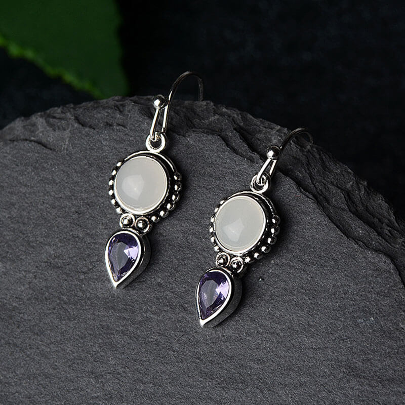 Round Moonstones Drip Amethyst Dangle Earrings