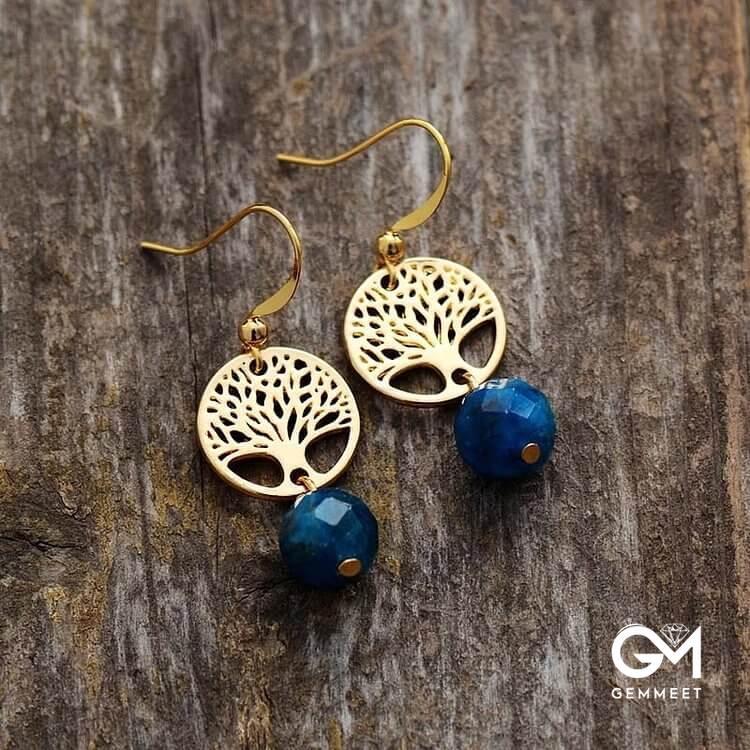 Blue Apatite Tree of Life Titanium Steel Earrings