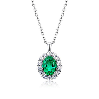 White Gold Oval Cut Emerald Halo Pendant Chain