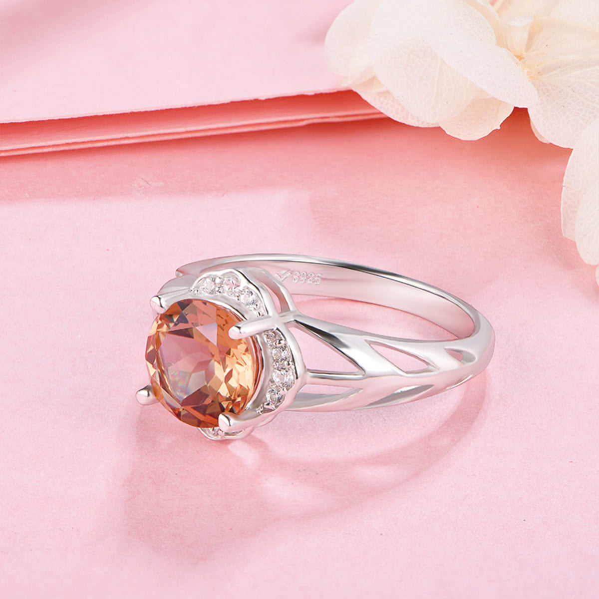 White Gold Hollow Flower Shape Round Orange Sapphire Signet Ring