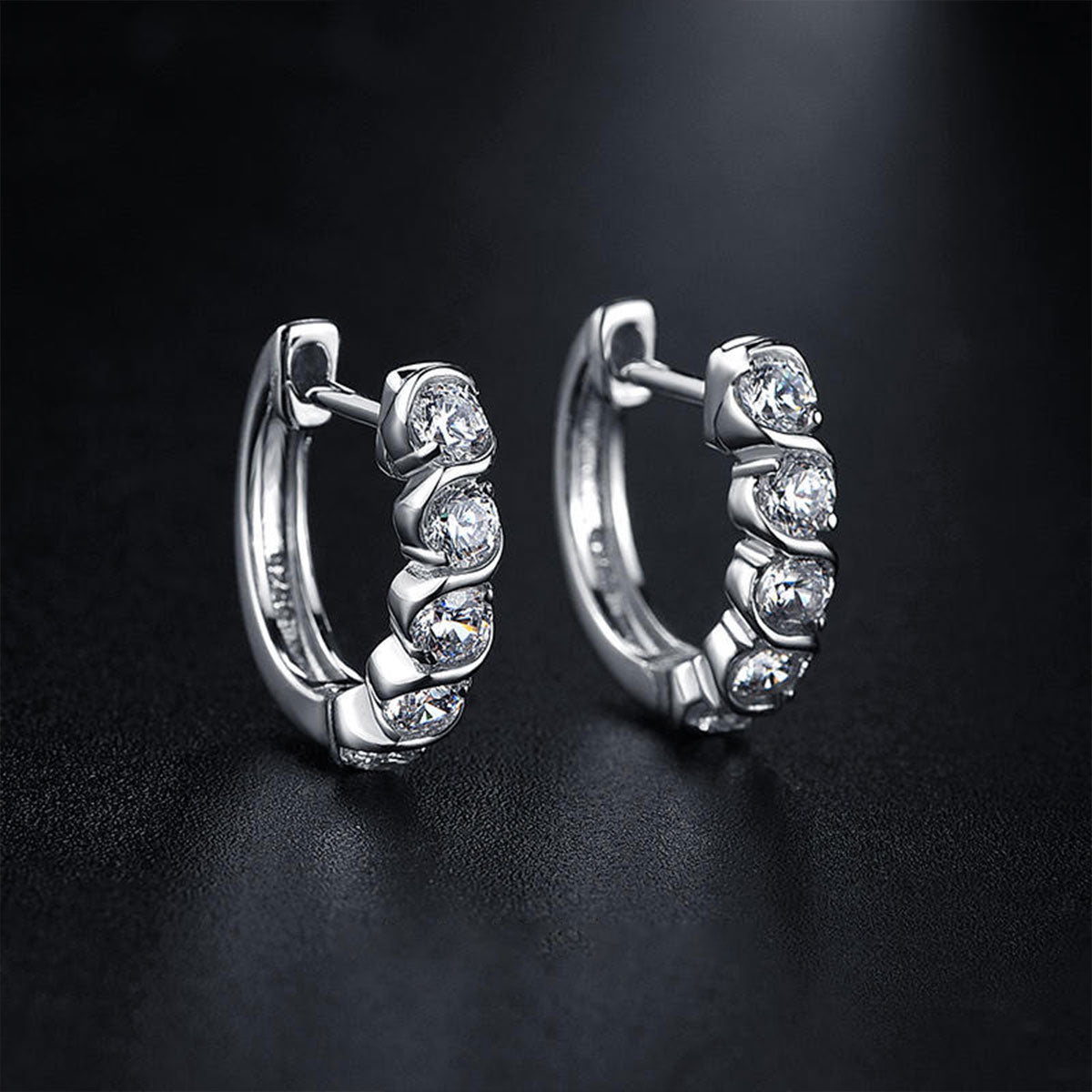 White Gold Classic Huggie Chanel Setting Stones Hoop Earrings